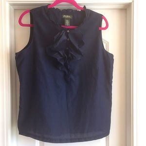 Eddie Bauer XL Navy Silk Cotton Blouse with Ruffle Neckline